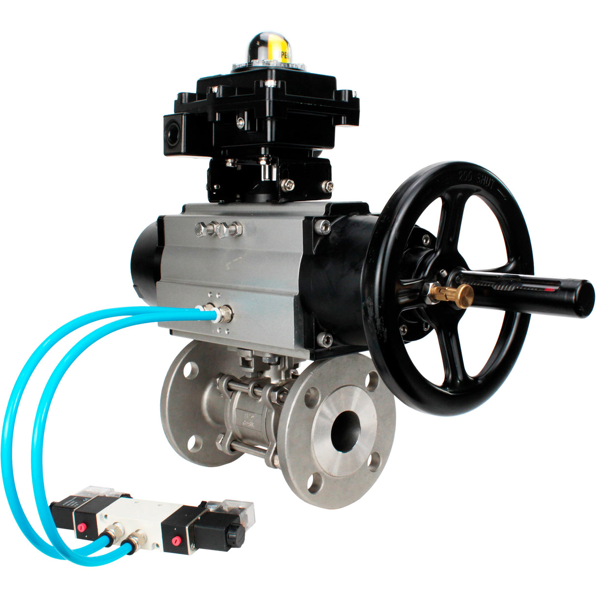 Ball valves Elephant BV3232P(3pc)-FP-F-ISO-H DN65-80 16 bar, three-piece full bore flanged, stainless steel SS304, seal - PTFE, with pneumatic actuator PA-DA-105-1 double acting, with pneumatic distributor 4V320-10 220V, with LSU APL-410N EX