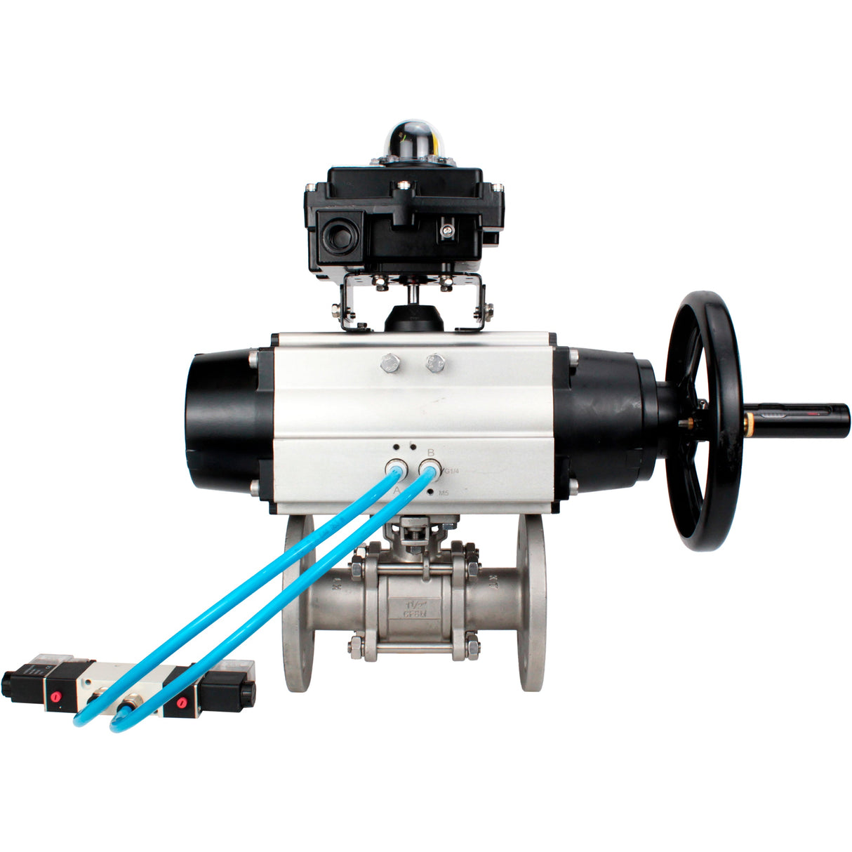 Ball valves Elephant BV3232P(3pc)-FP-F-ISO-H DN65-80 16 bar, three-piece full bore flanged, stainless steel SS304, seal - PTFE, with pneumatic actuator PA-DA-105-1 double acting, with pneumatic distributor 4V320-10 220V, with LSU APL-410N EX