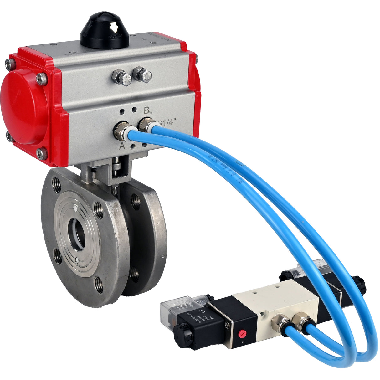 Vannes à boisseau sphérique Elephant BV3232P-FP-Fb-ISO-H 16 bar, passage intégral entre brides, acier inoxydable SS316, joint - PTFE, avec actionneur pneumatique double effet PA-DA, avec distributeur pneumatique 4V320-10 220V