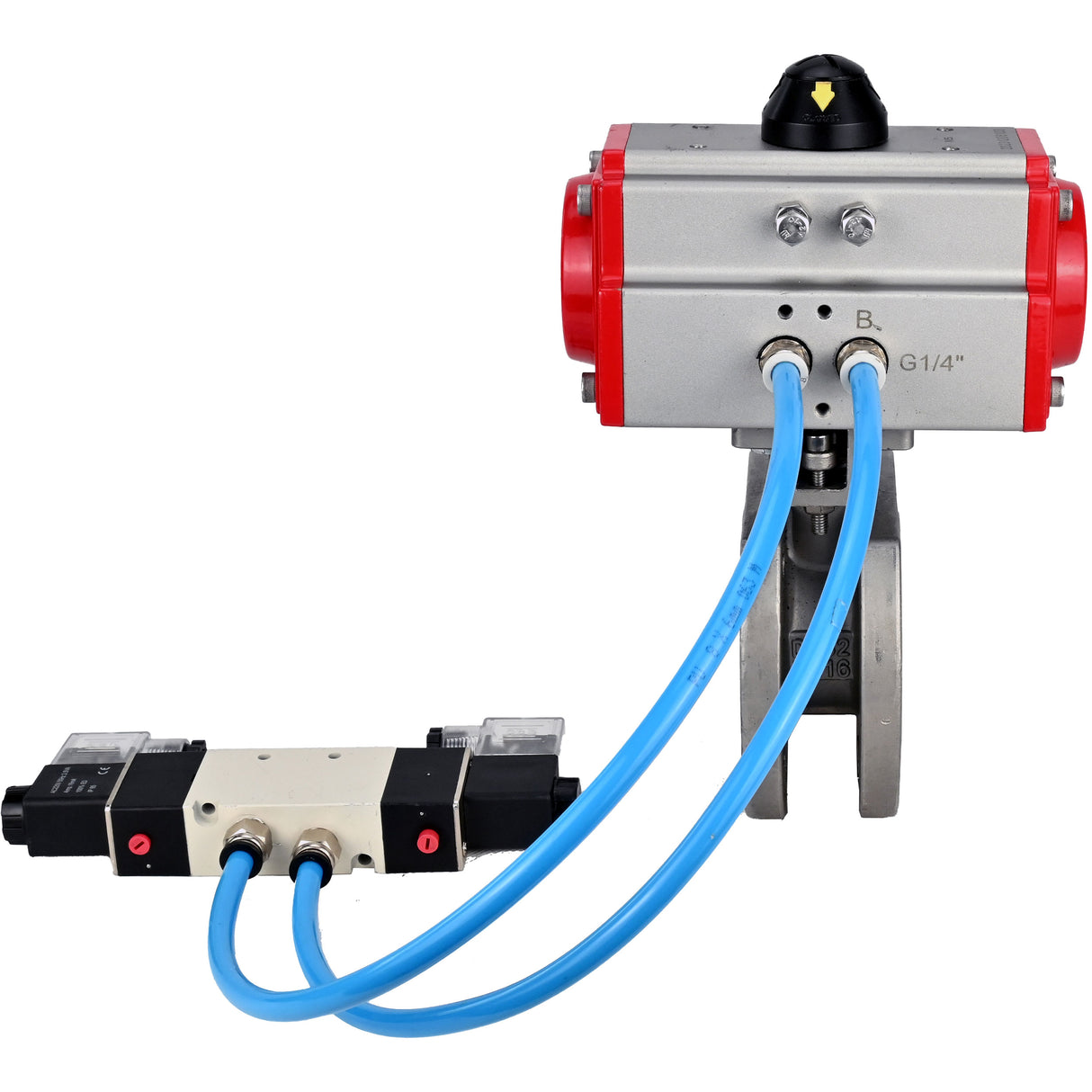 Vannes à boisseau sphérique Elephant BV3232P-FP-Fb-ISO-H 16 bar, passage intégral entre brides, acier inoxydable SS316, joint - PTFE, avec actionneur pneumatique double effet PA-DA, avec distributeur pneumatique 4V320-10 220V