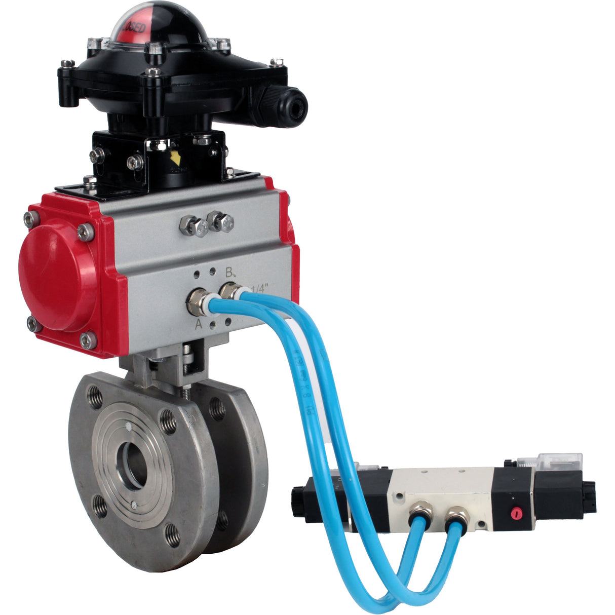 Vannes à boisseau sphérique Elephant BV3232P-FP-Fb-ISO-H 16 bar, passage intégral entre brides, acier inoxydable SS316, joint - PTFE, avec actionneur pneumatique double effet PA-DA, avec distributeur pneumatique 4V320-08 220V, avec BKV APL-210N