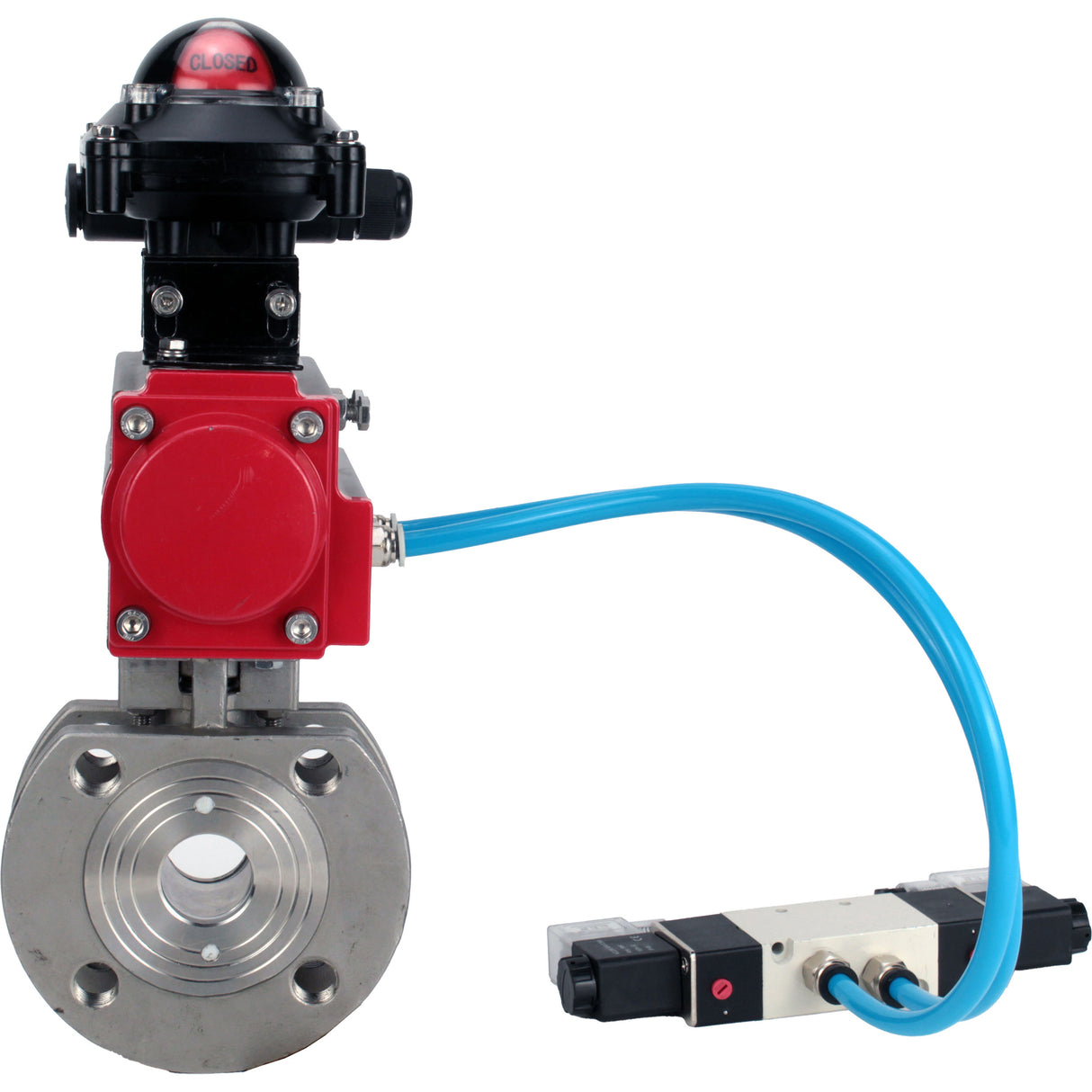 Vannes à boisseau sphérique Elephant BV3232P-FP-Fb-ISO-H 16 bar, passage intégral entre brides, acier inoxydable SS316, joint - PTFE, avec actionneur pneumatique double effet PA-DA, avec distributeur pneumatique 4V320-08 220V, avec BKV APL-210N