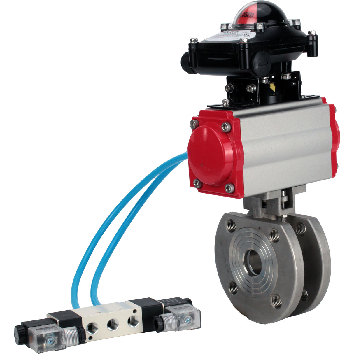 Vannes à boisseau sphérique Elephant BV3232P-FP-Fb-ISO-H 16 bar, passage intégral entre brides, acier inoxydable SS316, joint - PTFE, avec actionneur pneumatique double effet PA-DA, avec distributeur pneumatique 4V320-08 220V, avec BKV APL-210N