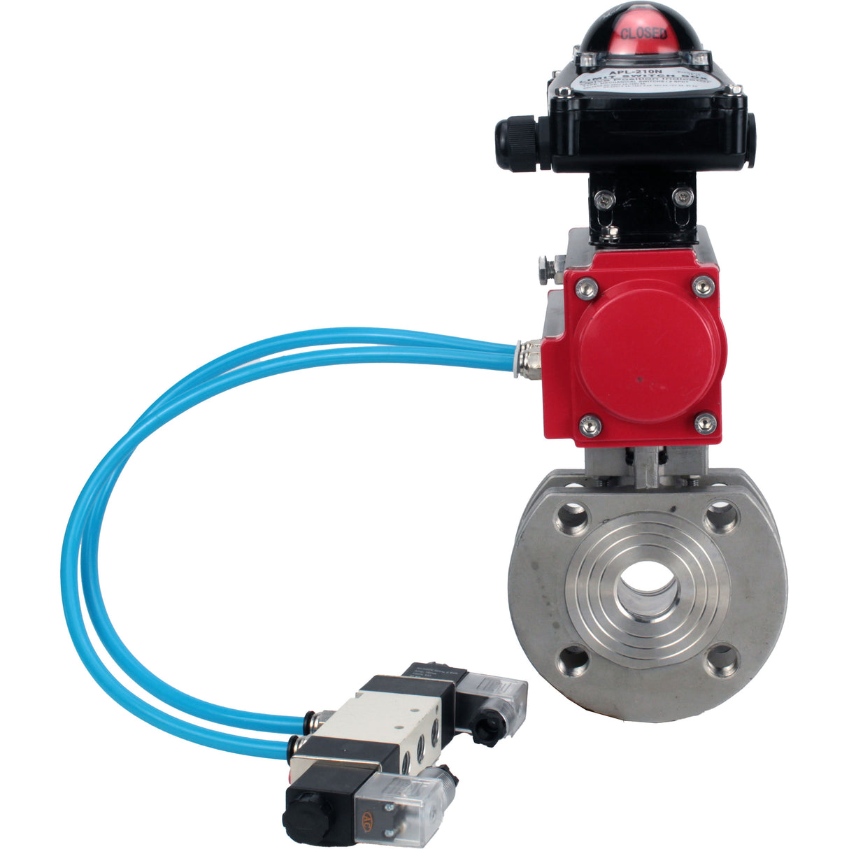Vannes à boisseau sphérique Elephant BV3232P-FP-Fb-ISO-H 16 bar, passage intégral entre brides, acier inoxydable SS316, joint - PTFE, avec actionneur pneumatique double effet PA-DA, avec distributeur pneumatique 4V320-08 220V, avec BKV APL-210N