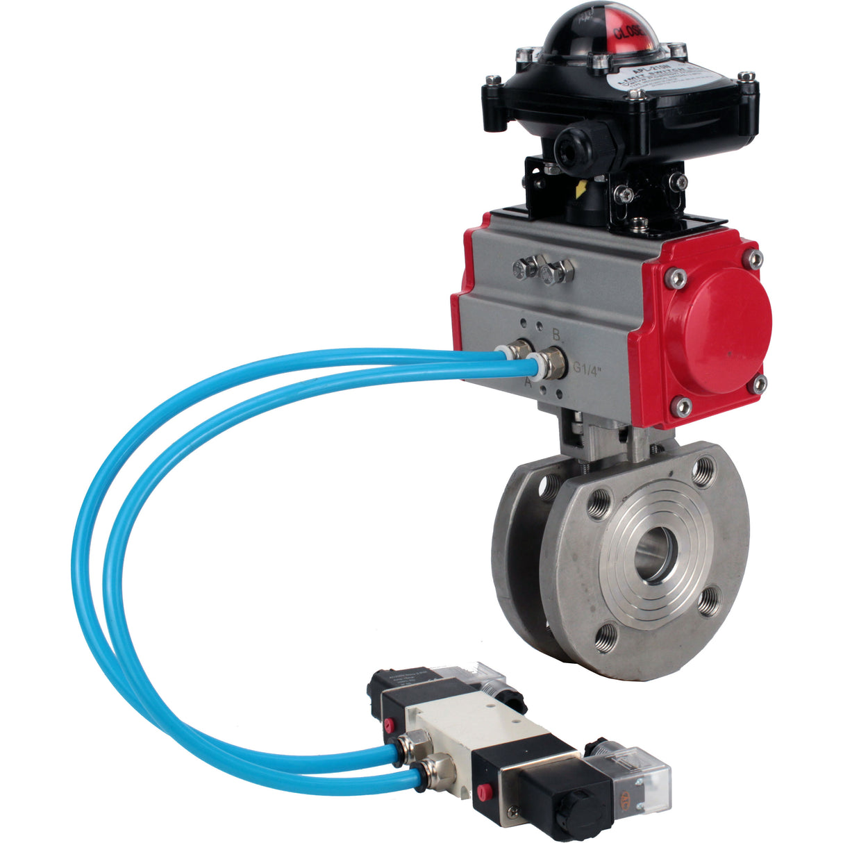 Vannes à boisseau sphérique Elephant BV3232P-FP-Fb-ISO-H 16 bar, passage intégral entre brides, acier inoxydable SS316, joint - PTFE, avec actionneur pneumatique double effet PA-DA, avec distributeur pneumatique 4V320-08 220V, avec BKV APL-210N