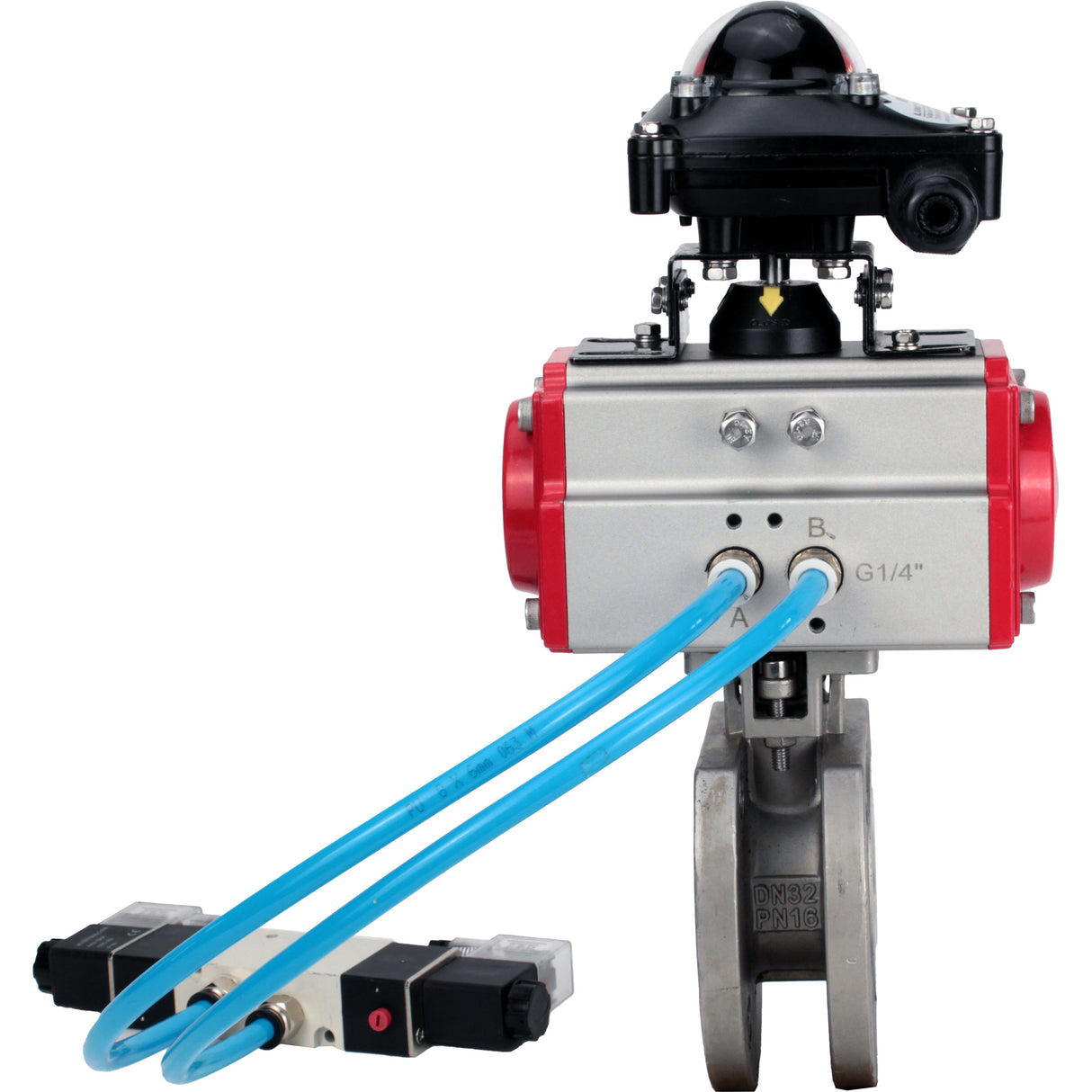 Vannes à boisseau sphérique Elephant BV3232P-FP-Fb-ISO-H 16 bar, passage intégral entre brides, acier inoxydable SS316, joint - PTFE, avec actionneur pneumatique double effet PA-DA, avec distributeur pneumatique 4V320-08 220V, avec BKV APL-210N
