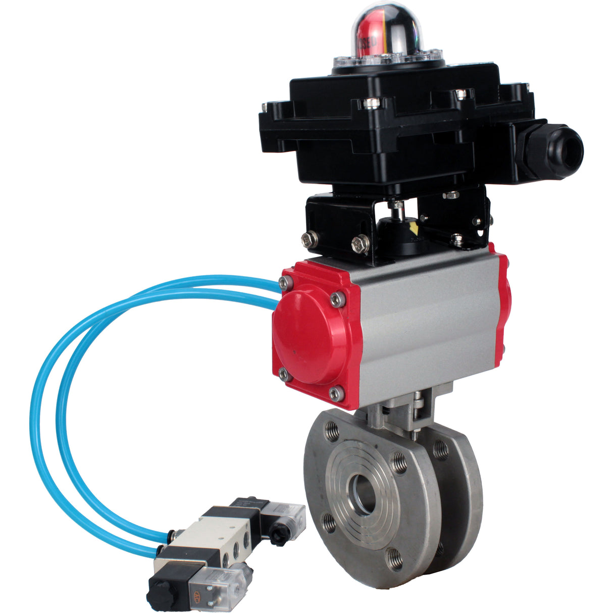 Vannes à boisseau sphérique Elephant BV3232P-FP-Fb-ISO-H 16 bar, passage intégral entre brides, acier inoxydable SS316, joint - PTFE, avec actionneur pneumatique double effet PA-DA, avec distributeur pneumatique 4V320-10 220V, avec BKV APL-410N EX