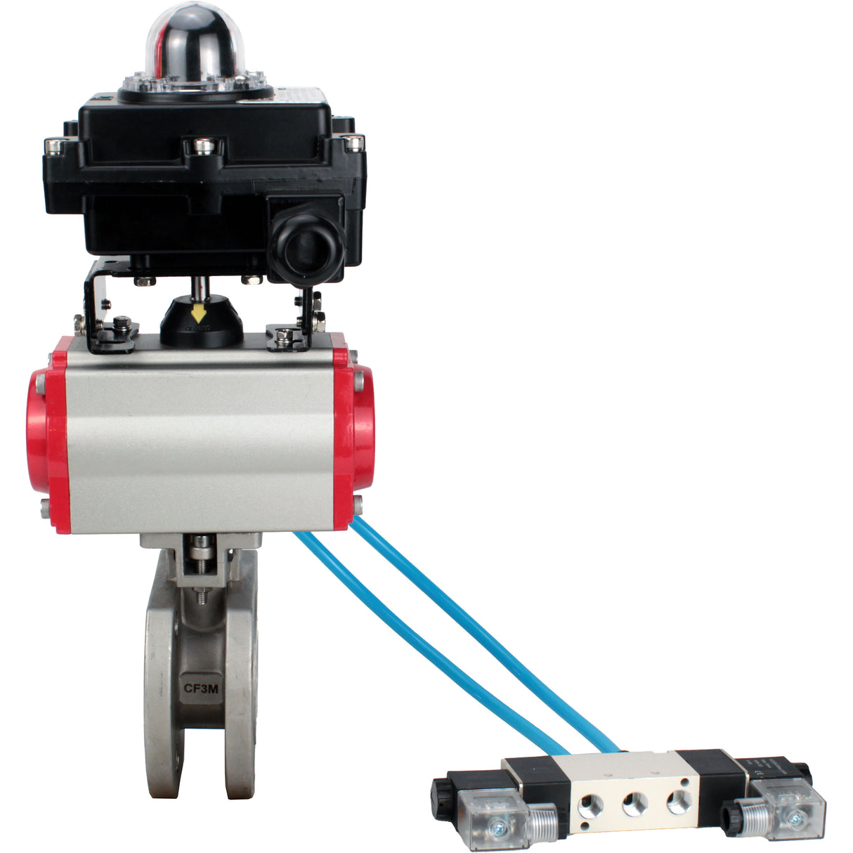 Vannes à boisseau sphérique Elephant BV3232P-FP-Fb-ISO-H 16 bar, passage intégral entre brides, acier inoxydable SS316, joint - PTFE, avec actionneur pneumatique double effet PA-DA, avec distributeur pneumatique 4V320-10 220V, avec BKV APL-410N EX