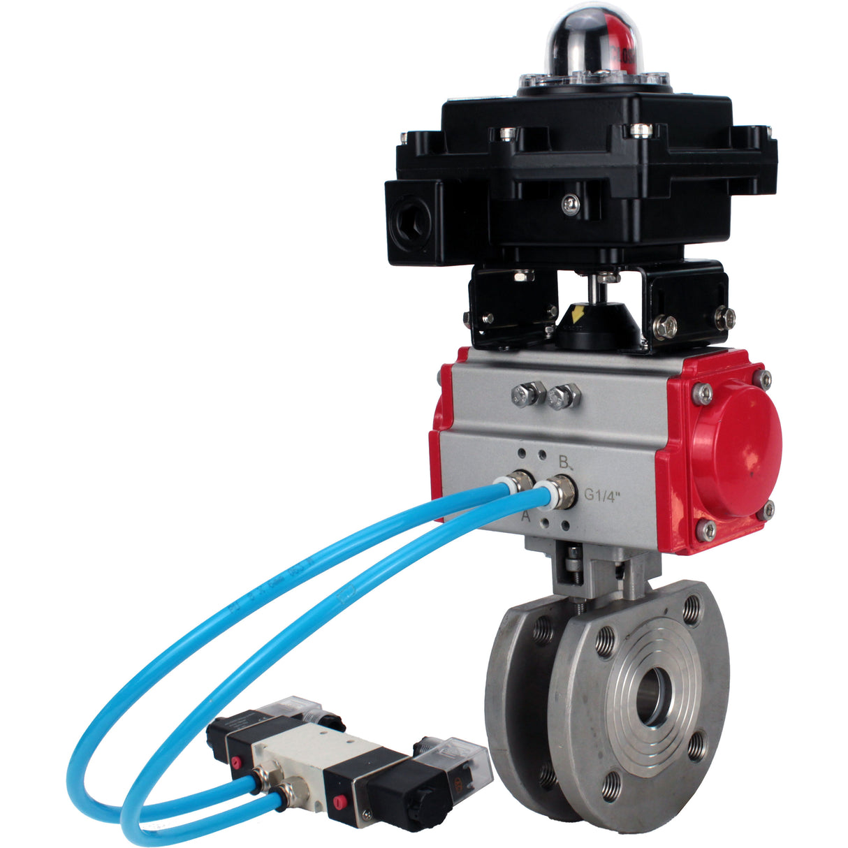 Vannes à boisseau sphérique Elephant BV3232P-FP-Fb-ISO-H 16 bar, passage intégral entre brides, acier inoxydable SS316, joint - PTFE, avec actionneur pneumatique double effet PA-DA, avec distributeur pneumatique 4V320-10 220V, avec BKV APL-410N EX