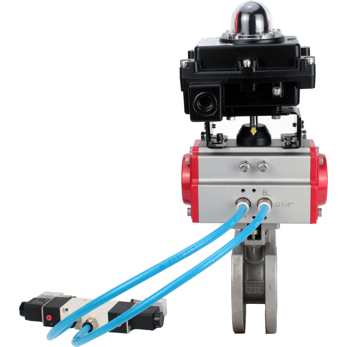 Vannes à boisseau sphérique Elephant BV3232P-FP-Fb-ISO-H 16 bar, passage intégral entre brides, acier inoxydable SS316, joint - PTFE, avec actionneur pneumatique double effet PA-DA, avec distributeur pneumatique 4V320-10 220V, avec BKV APL-410N EX