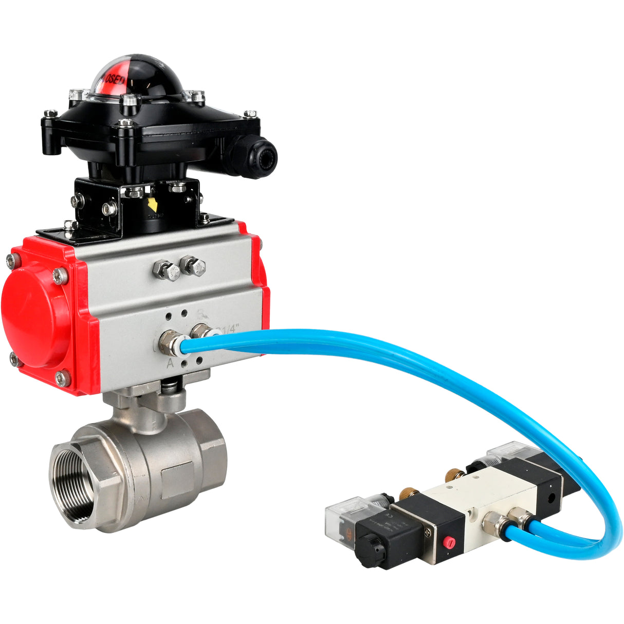 Ball valves Elephant BV3232P(2pc)-FP-T-ISO-H 16 bar, full bore coupling, stainless steel SS316, seal - PTFE, with pneumatic actuator PA-SA with return springs, with pneumatic distributor 4V320-08 220V, with LSU APL-210N