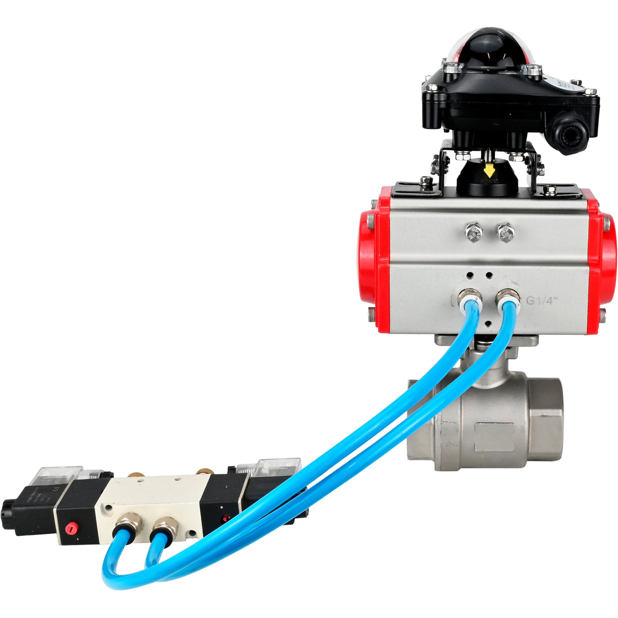 Ball valves Elephant BV3232P(2pc)-FP-T-ISO-H 16 bar, full bore coupling, stainless steel SS316, seal - PTFE, with pneumatic actuator PA-SA with return springs, with pneumatic distributor 4V320-08 220V, with LSU APL-210N