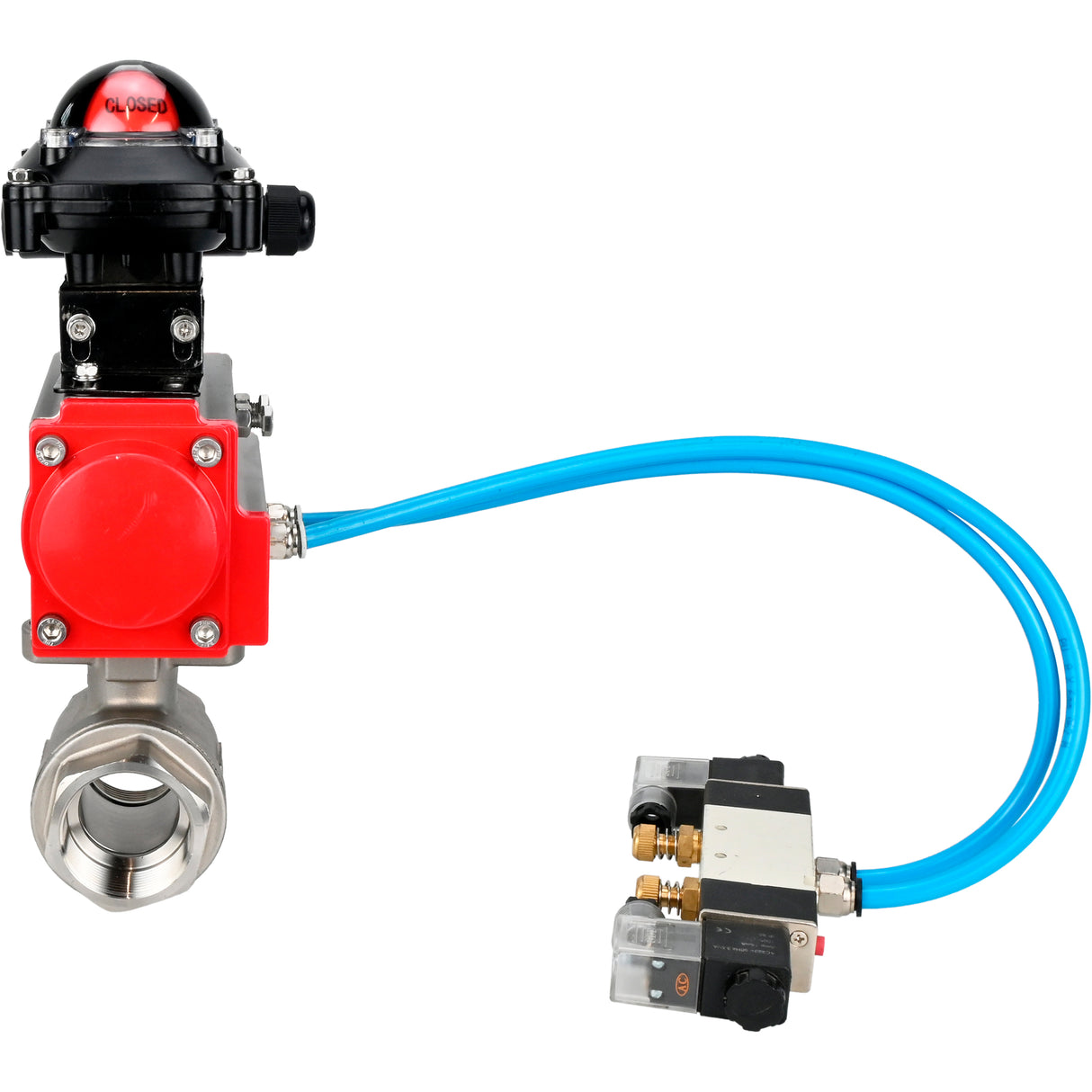 Ball valves Elephant BV3232P(2pc)-FP-T-ISO-H 16 bar, full bore coupling, stainless steel SS316, seal - PTFE, with pneumatic actuator PA-SA with return springs, with pneumatic distributor 4V320-08 220V, with LSU APL-210N