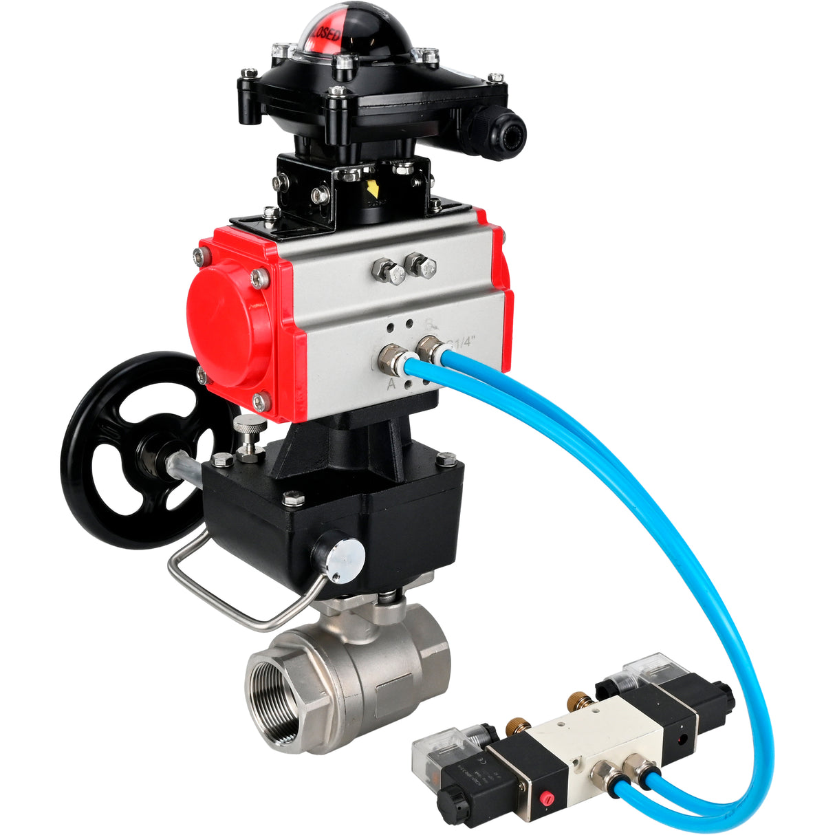 Ball valves Elephant BV3232P(2pc)-FP-T-ISO-H,  body material - Stainless steel AISI 316, seal - PTFE / PTFE / Teflon, with pneumatic actuator double action PA-DA, 4V320-10 220V, LSU APL-210N, handwheel MON