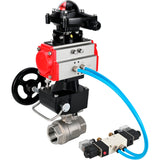 Ball valves Elephant BV3232P(2pc)-FP-T-ISO-H,  body material - Stainless steel AISI 316, seal - PTFE / PTFE / Teflon, with pneumatic actuator double action PA-DA, 4V320-10 220V, LSU APL-210N, handwheel MON