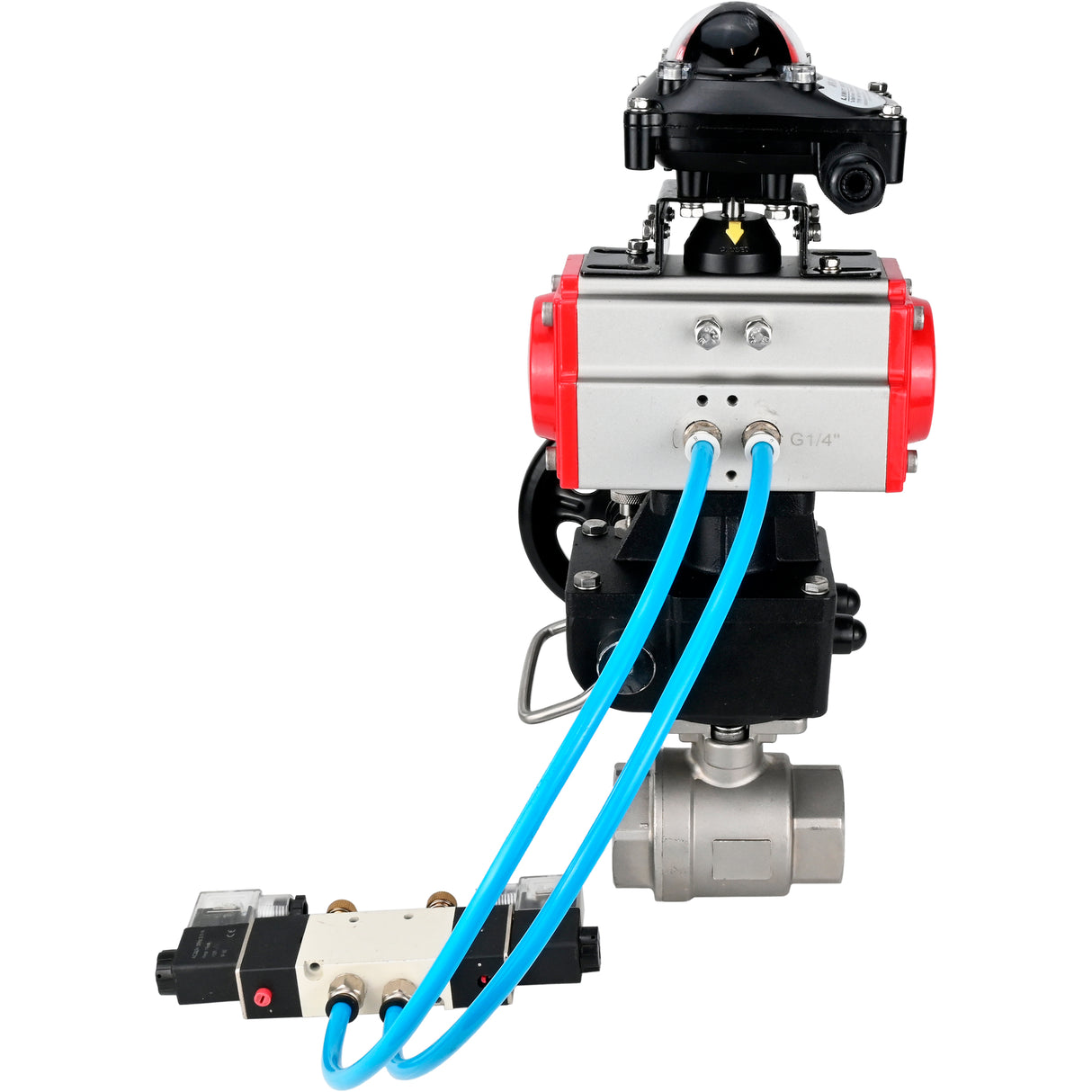 Ball valves Elephant BV3232P(2pc)-FP-T-ISO-H,  body material - Stainless steel AISI 316, seal - PTFE / PTFE / Teflon, with pneumatic actuator double action PA-DA, 4V320-10 220V, LSU APL-210N, handwheel MON