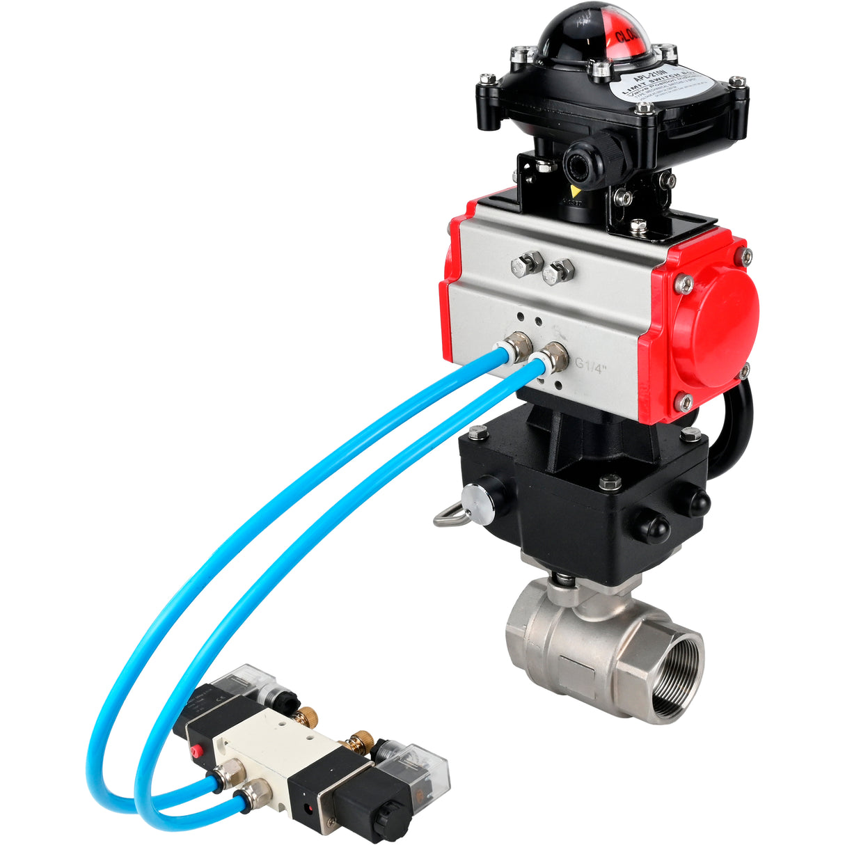 Ball valves Elephant BV3232P(2pc)-FP-T-ISO-H,  body material - Stainless steel AISI 316, seal - PTFE / PTFE / Teflon, with pneumatic actuator double action PA-DA, 4V320-10 220V, LSU APL-210N, handwheel MON