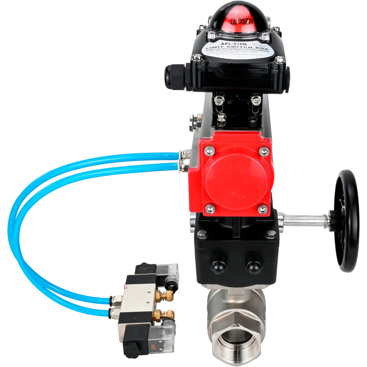Ball valves Elephant BV3232P(2pc)-FP-T-ISO-H,  body material - Stainless steel AISI 316, seal - PTFE / PTFE / Teflon, with pneumatic actuator double action PA-DA, 4V320-10 220V, LSU APL-210N, handwheel MON