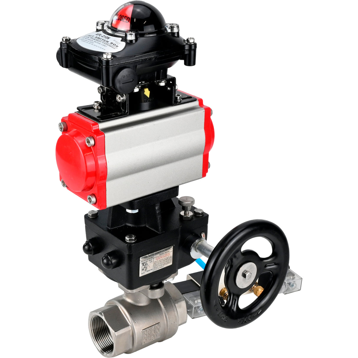 Ball valves Elephant BV3232P(2pc)-FP-T-ISO-H,  body material - Stainless steel AISI 316, seal - PTFE / PTFE / Teflon, with pneumatic actuator double action PA-DA, 4V320-10 220V, LSU APL-210N, handwheel MON