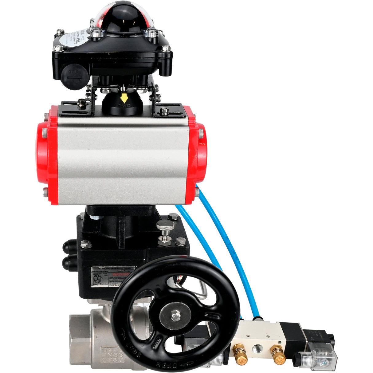 Ball valves Elephant BV3232P(2pc)-FP-T-ISO-H,  body material - Stainless steel AISI 316, seal - PTFE / PTFE / Teflon, with pneumatic actuator double action PA-DA, 4V320-10 220V, LSU APL-210N, handwheel MON