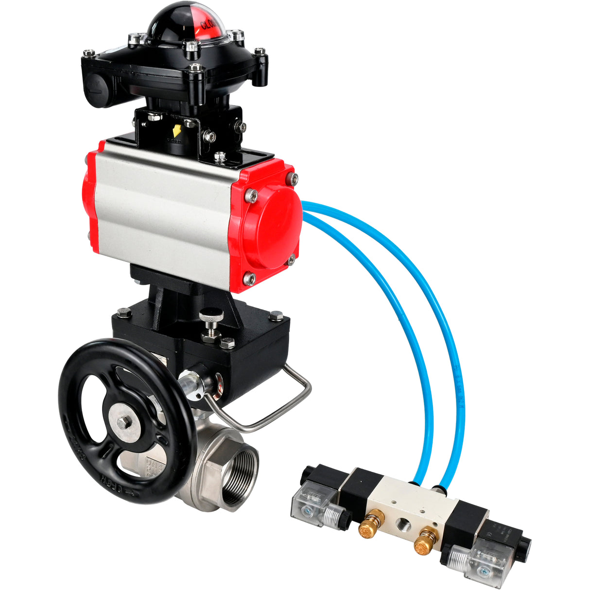 Ball valves Elephant BV3232P(2pc)-FP-T-ISO-H,  body material - Stainless steel AISI 316, seal - PTFE / PTFE / Teflon, with pneumatic actuator double action PA-DA, 4V320-10 220V, LSU APL-210N, handwheel MON