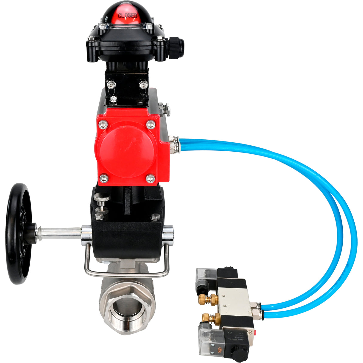 Ball valves Elephant BV3232P(2pc)-FP-T-ISO-H,  body material - Stainless steel AISI 316, seal - PTFE / PTFE / Teflon, with pneumatic actuator double action PA-DA, 4V320-10 220V, LSU APL-210N, handwheel MON