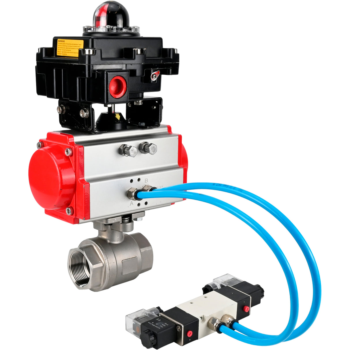 Ball valves Elephant BV3232P(2pc)-FP-T-ISO-H 16 bar, full bore coupling, stainless steel SS316, seal - PTFE, with pneumatic actuator PA-SA with return springs, with pneumatic distributor 4V320-10 220V, with LSU APL-410N EX