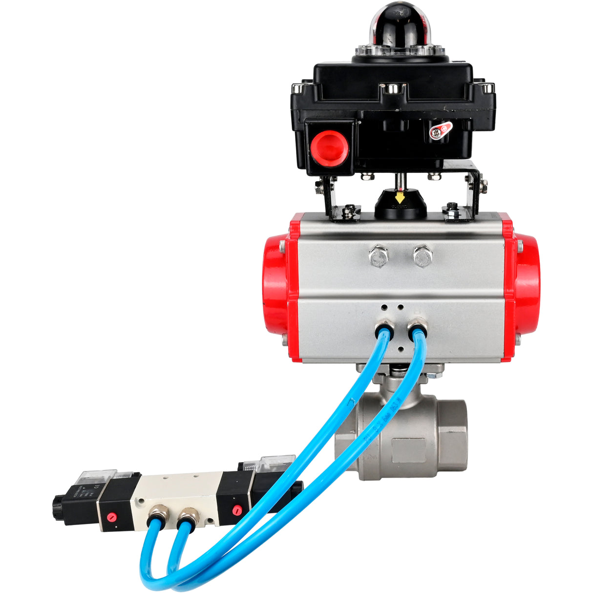 Ball valves Elephant BV3232P(2pc)-FP-T-ISO-H 16 bar, full bore coupling, stainless steel SS316, seal - PTFE, with pneumatic actuator PA-SA with return springs, with pneumatic distributor 4V320-10 220V, with LSU APL-410N EX