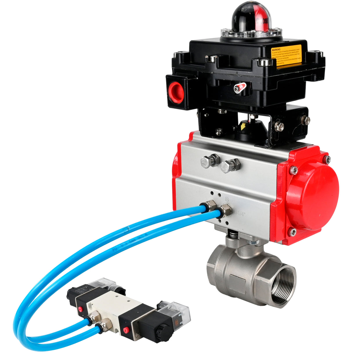 Ball valves Elephant BV3232P(2pc)-FP-T-ISO-H 16 bar, full bore coupling, stainless steel SS316, seal - PTFE, with pneumatic actuator PA-SA with return springs, with pneumatic distributor 4V320-10 220V, with LSU APL-410N EX