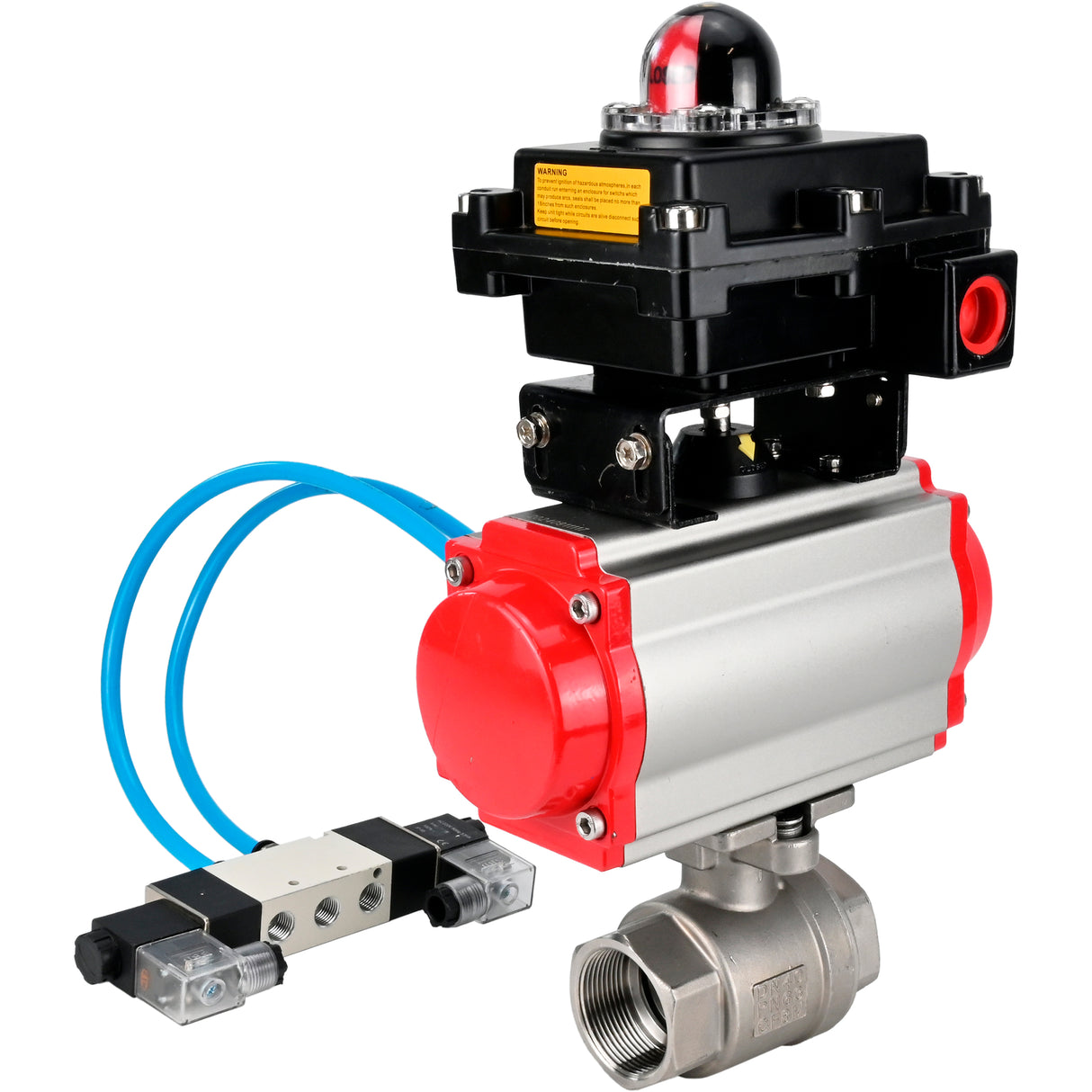 Ball valves Elephant BV3232P(2pc)-FP-T-ISO-H 16 bar, full bore coupling, stainless steel SS316, seal - PTFE, with pneumatic actuator PA-SA with return springs, with pneumatic distributor 4V320-10 220V, with LSU APL-410N EX