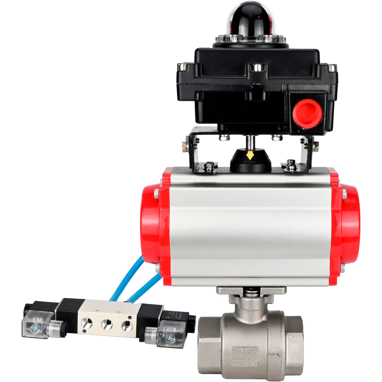 Ball valves Elephant BV3232P(2pc)-FP-T-ISO-H 16 bar, full bore coupling, stainless steel SS316, seal - PTFE, with pneumatic actuator PA-SA with return springs, with pneumatic distributor 4V320-10 220V, with LSU APL-410N EX