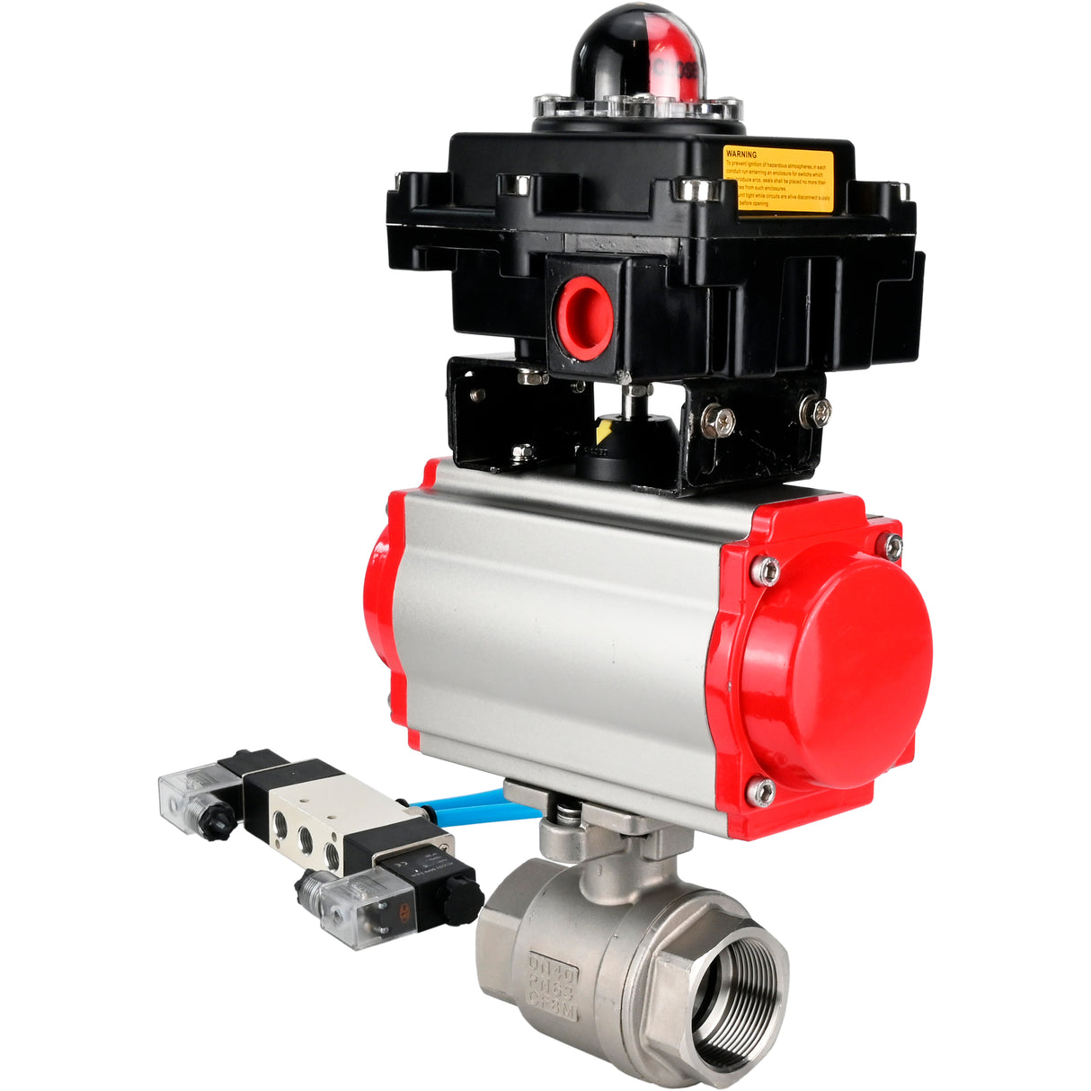 Ball valves Elephant BV3232P(2pc)-FP-T-ISO-H 16 bar, full bore coupling, stainless steel SS316, seal - PTFE, with pneumatic actuator PA-SA with return springs, with pneumatic distributor 4V320-10 220V, with LSU APL-410N EX