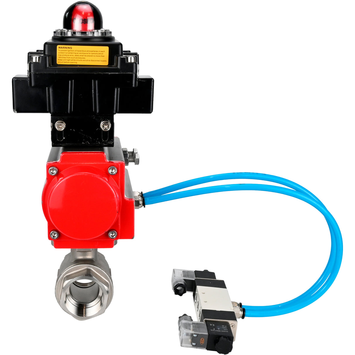 Ball valves Elephant BV3232P(2pc)-FP-T-ISO-H 16 bar, full bore coupling, stainless steel SS316, seal - PTFE, with pneumatic actuator PA-SA with return springs, with pneumatic distributor 4V320-10 220V, with LSU APL-410N EX