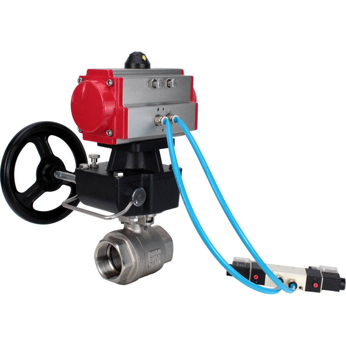 Ball valves Elephant BV3232P(2pc)-FP-T-ISO-H,  body material - Stainless steel AISI 316, seal - PTFE / PTFE / Teflon, with pneumatic actuator double action PA-DA, 4V320-10 220V, handwheel MON