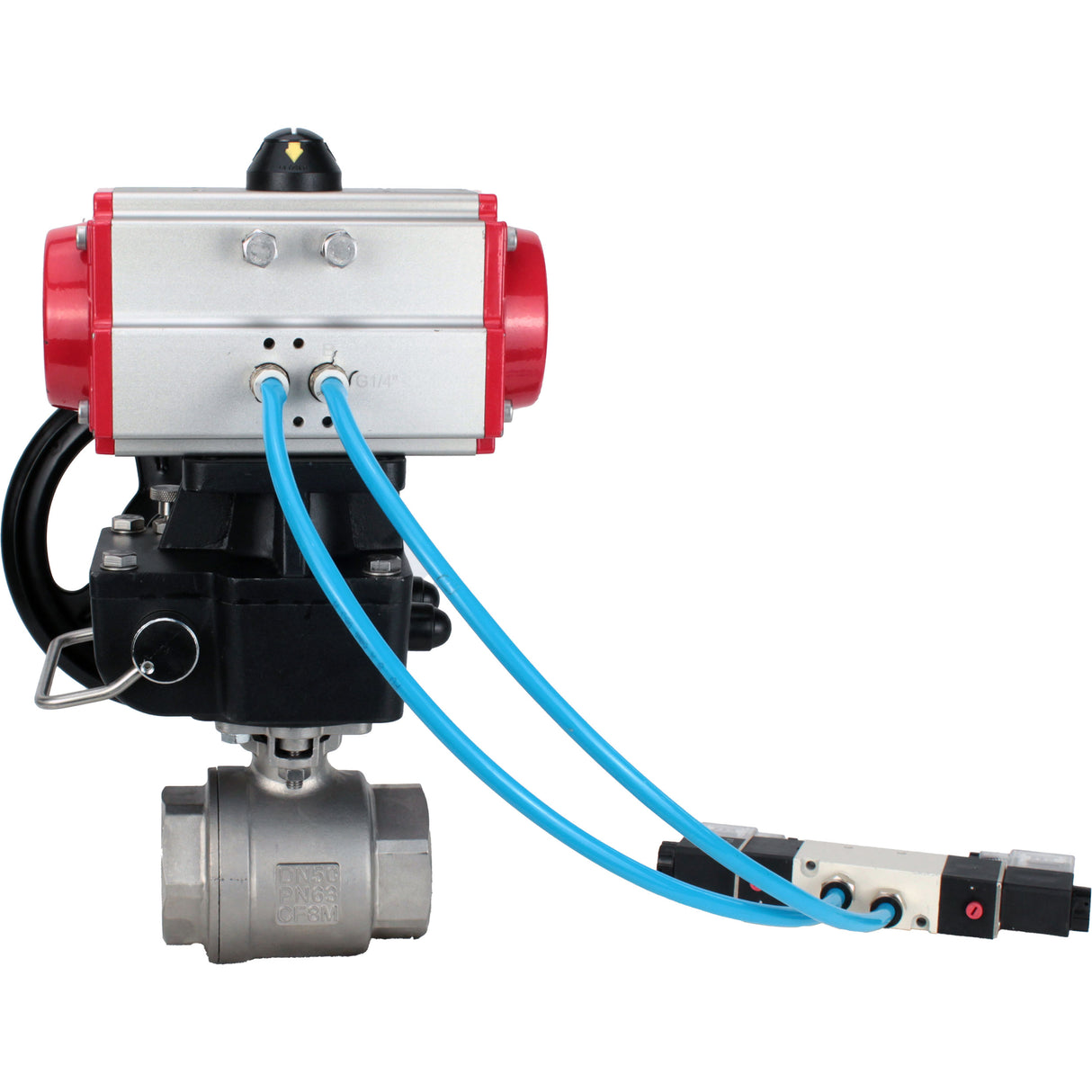 Ball valves Elephant BV3232P(2pc)-FP-T-ISO-H,  body material - Stainless steel AISI 316, seal - PTFE / PTFE / Teflon, with pneumatic actuator double action PA-DA, 4V320-10 220V, handwheel MON