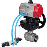 Ball valves Elephant BV3232P(2pc)-FP-T-ISO-H,  body material - Stainless steel AISI 316, seal - PTFE / PTFE / Teflon, with pneumatic actuator double action PA-DA, 4V320-10 220V, handwheel MON