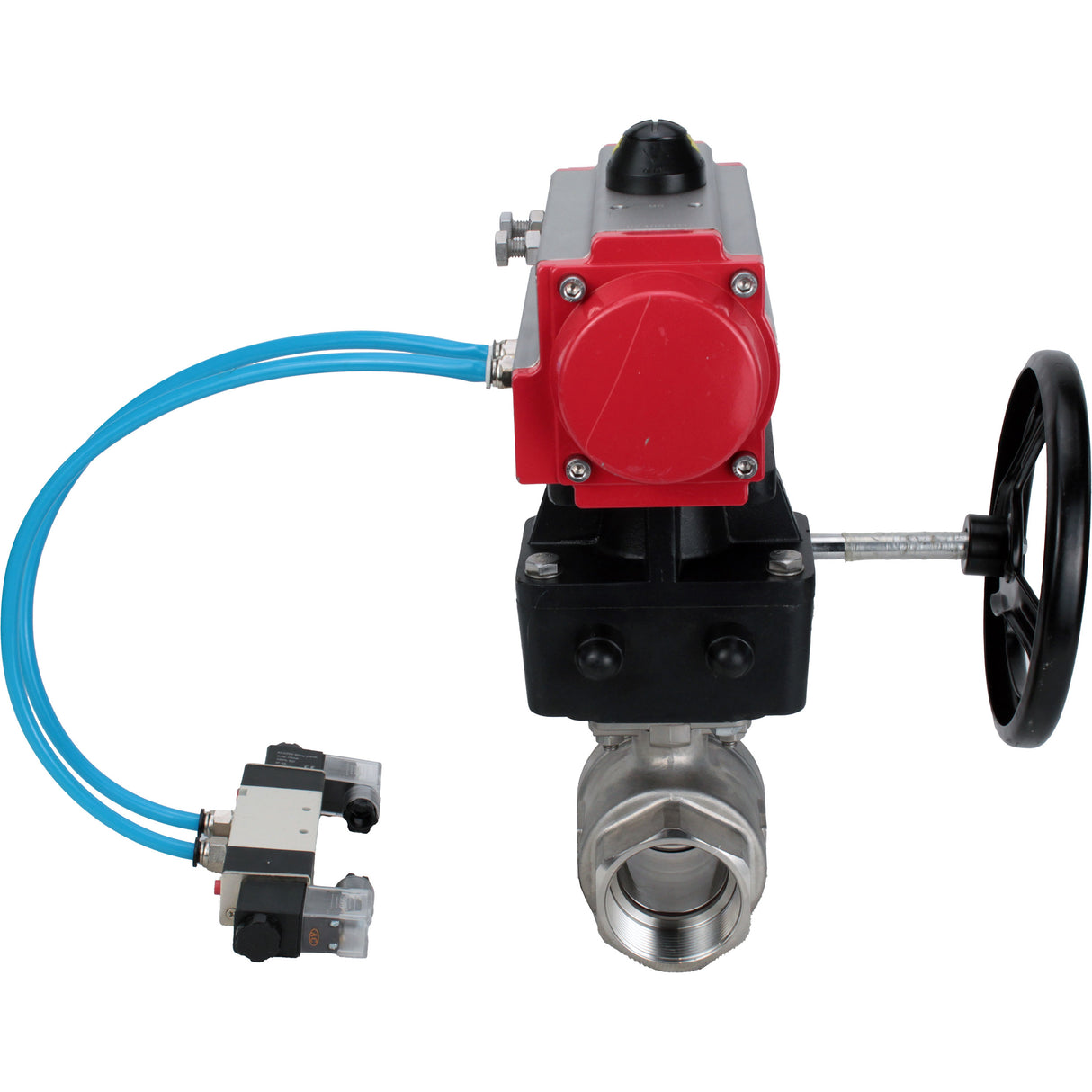 Ball valves Elephant BV3232P(2pc)-FP-T-ISO-H,  body material - Stainless steel AISI 316, seal - PTFE / PTFE / Teflon, with pneumatic actuator double action PA-DA, 4V320-10 220V, handwheel MON
