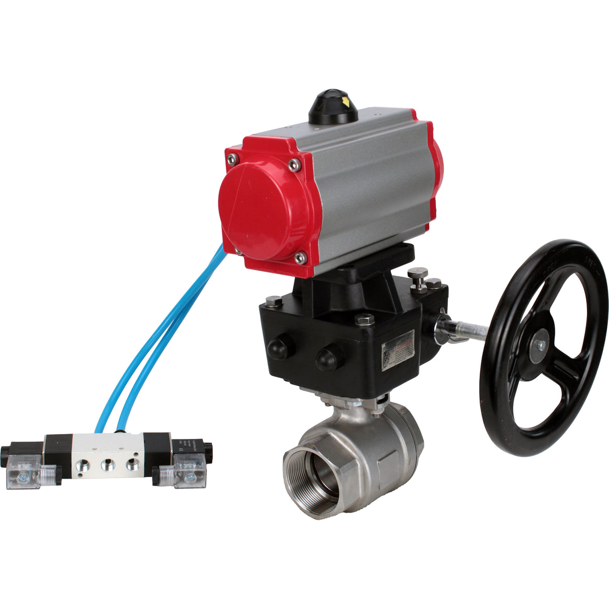 Ball valves Elephant BV3232P(2pc)-FP-T-ISO-H,  body material - Stainless steel AISI 316, seal - PTFE / PTFE / Teflon, with pneumatic actuator double action PA-DA, 4V320-10 220V, handwheel MON