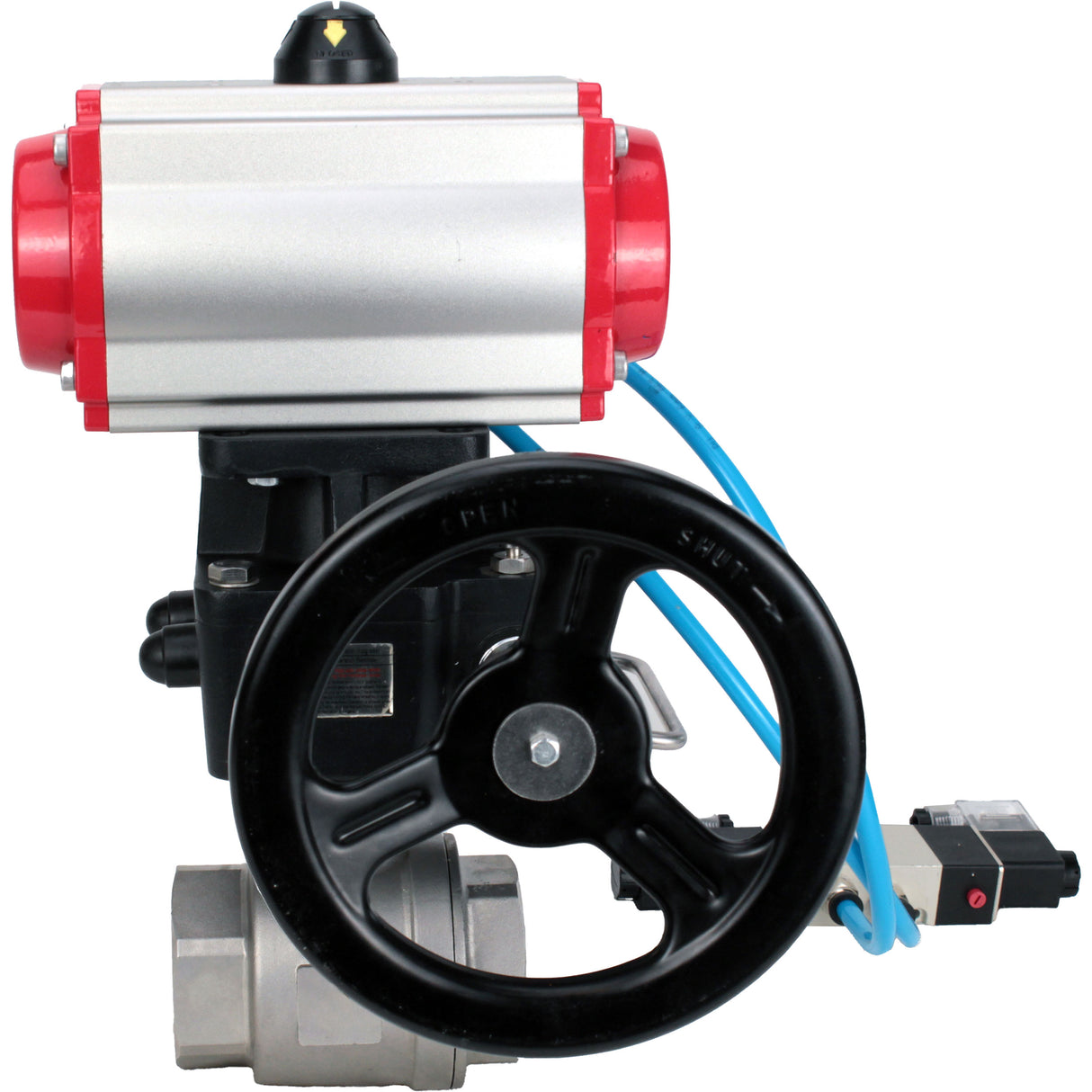 Ball valves Elephant BV3232P(2pc)-FP-T-ISO-H,  body material - Stainless steel AISI 316, seal - PTFE / PTFE / Teflon, with pneumatic actuator double action PA-DA, 4V320-10 220V, handwheel MON