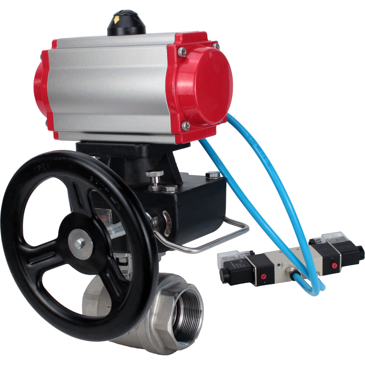 Ball valves Elephant BV3232P(2pc)-FP-T-ISO-H,  body material - Stainless steel AISI 316, seal - PTFE / PTFE / Teflon, with pneumatic actuator double action PA-DA, 4V320-10 220V, handwheel MON