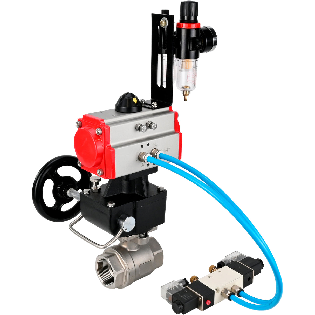 Ball valves Elephant BV3232P(2pc)-FP-T-ISO-H,  body material - Stainless steel AISI 316, seal - PTFE / PTFE / Teflon, with pneumatic actuator double action PA-DA, 4V320-10 220V, handwheel MON, ATU AFC2000
