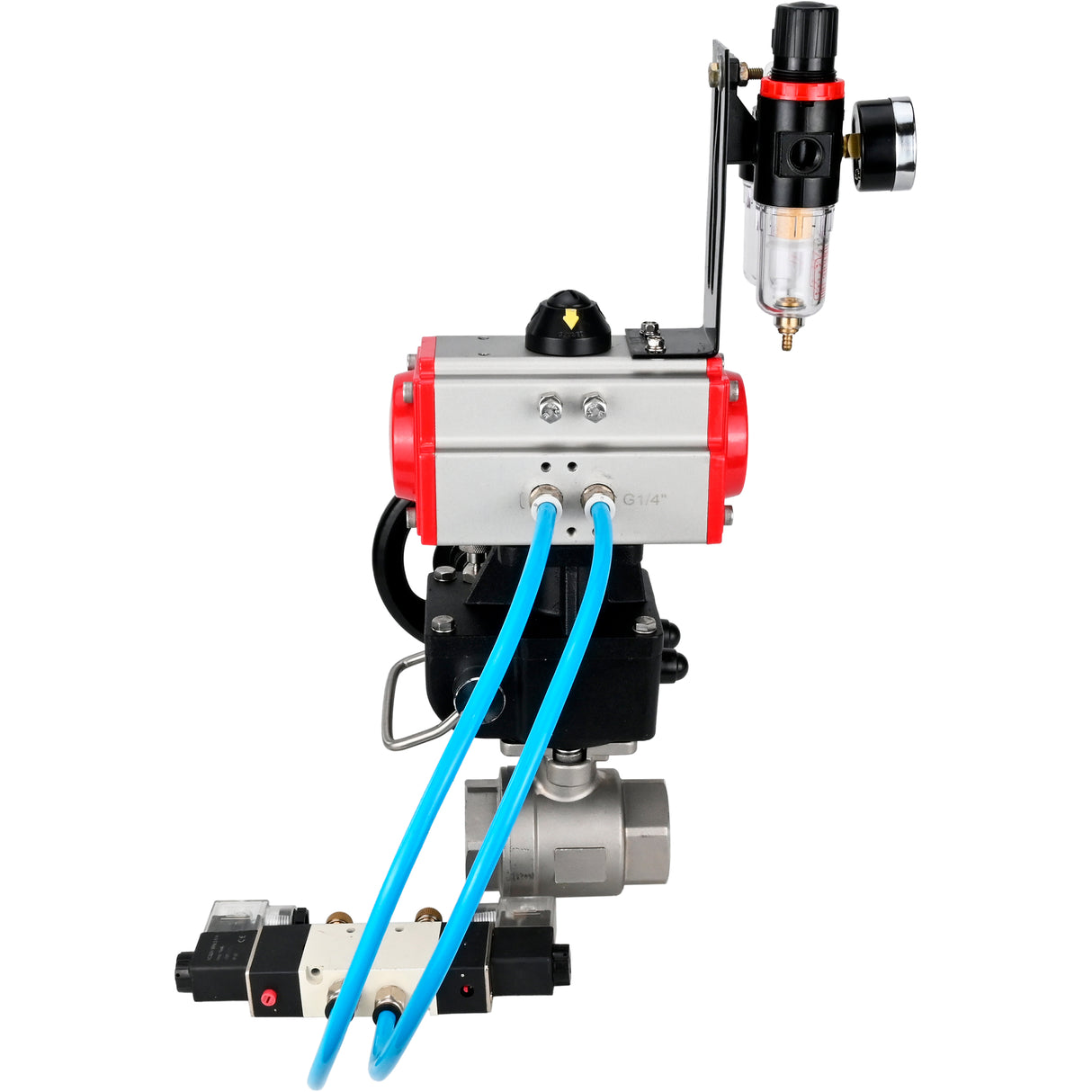 Ball valves Elephant BV3232P(2pc)-FP-T-ISO-H,  body material - Stainless steel AISI 316, seal - PTFE / PTFE / Teflon, with pneumatic actuator double action PA-DA, 4V320-10 220V, handwheel MON, ATU AFC2000