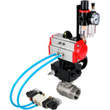 Ball valves Elephant BV3232P(2pc)-FP-T-ISO-H,  body material - Stainless steel AISI 316, seal - PTFE / PTFE / Teflon, with pneumatic actuator double action PA-DA, 4V320-10 220V, handwheel MON, ATU AFC2000