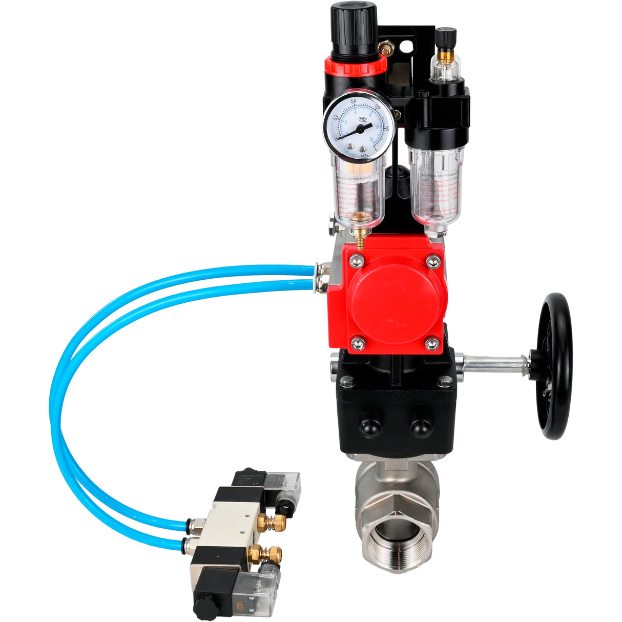 Ball valves Elephant BV3232P(2pc)-FP-T-ISO-H,  body material - Stainless steel AISI 316, seal - PTFE / PTFE / Teflon, with pneumatic actuator double action PA-DA, 4V320-10 220V, handwheel MON, ATU AFC2000