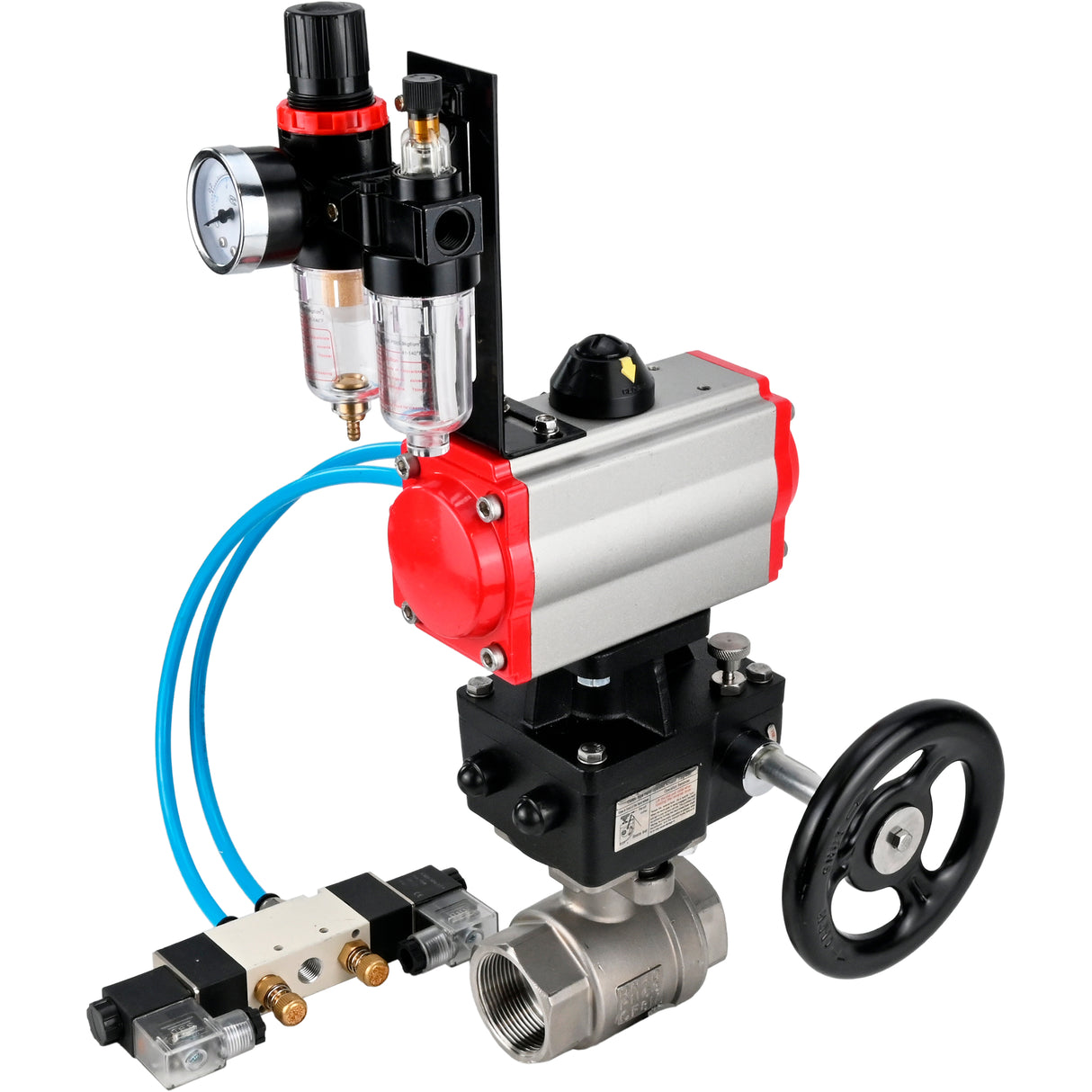 Ball valves Elephant BV3232P(2pc)-FP-T-ISO-H,  body material - Stainless steel AISI 316, seal - PTFE / PTFE / Teflon, with pneumatic actuator double action PA-DA, 4V320-10 220V, handwheel MON, ATU AFC2000