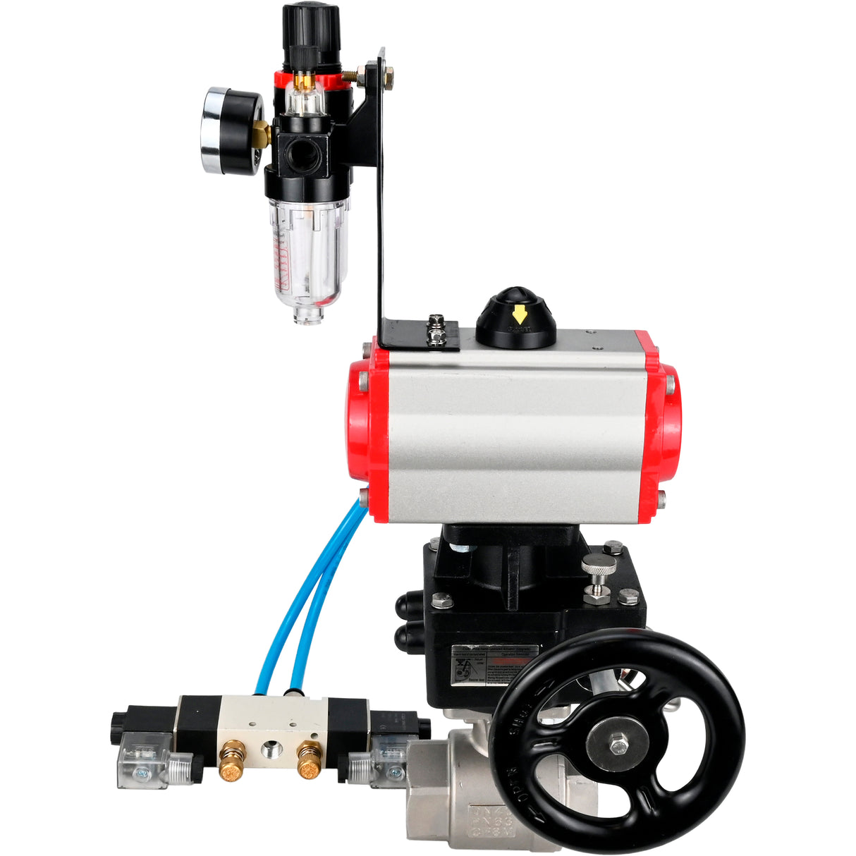 Ball valves Elephant BV3232P(2pc)-FP-T-ISO-H,  body material - Stainless steel AISI 316, seal - PTFE / PTFE / Teflon, with pneumatic actuator double action PA-DA, 4V320-10 220V, handwheel MON, ATU AFC2000