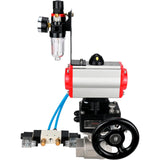 Ball valves Elephant BV3232P(2pc)-FP-T-ISO-H,  body material - Stainless steel AISI 316, seal - PTFE / PTFE / Teflon, with pneumatic actuator double action PA-DA, 4V320-10 220V, handwheel MON, ATU AFC2000