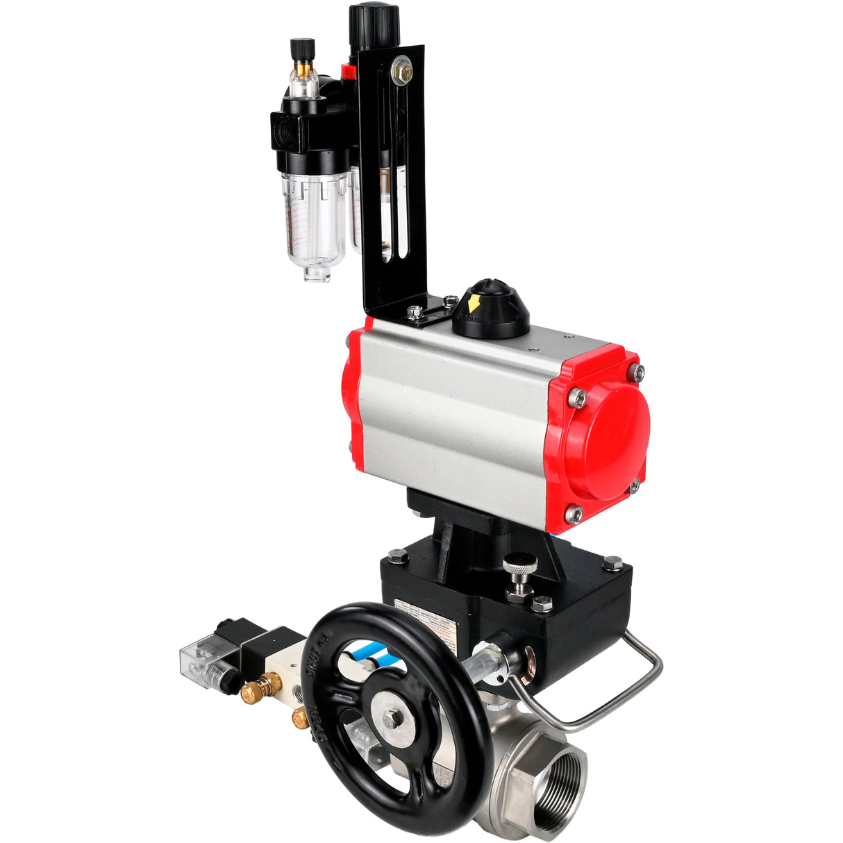 Ball valves Elephant BV3232P(2pc)-FP-T-ISO-H,  body material - Stainless steel AISI 316, seal - PTFE / PTFE / Teflon, with pneumatic actuator double action PA-DA, 4V320-10 220V, handwheel MON, ATU AFC2000