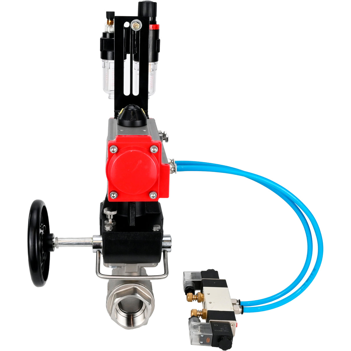 Ball valves Elephant BV3232P(2pc)-FP-T-ISO-H,  body material - Stainless steel AISI 316, seal - PTFE / PTFE / Teflon, with pneumatic actuator double action PA-DA, 4V320-10 220V, handwheel MON, ATU AFC2000