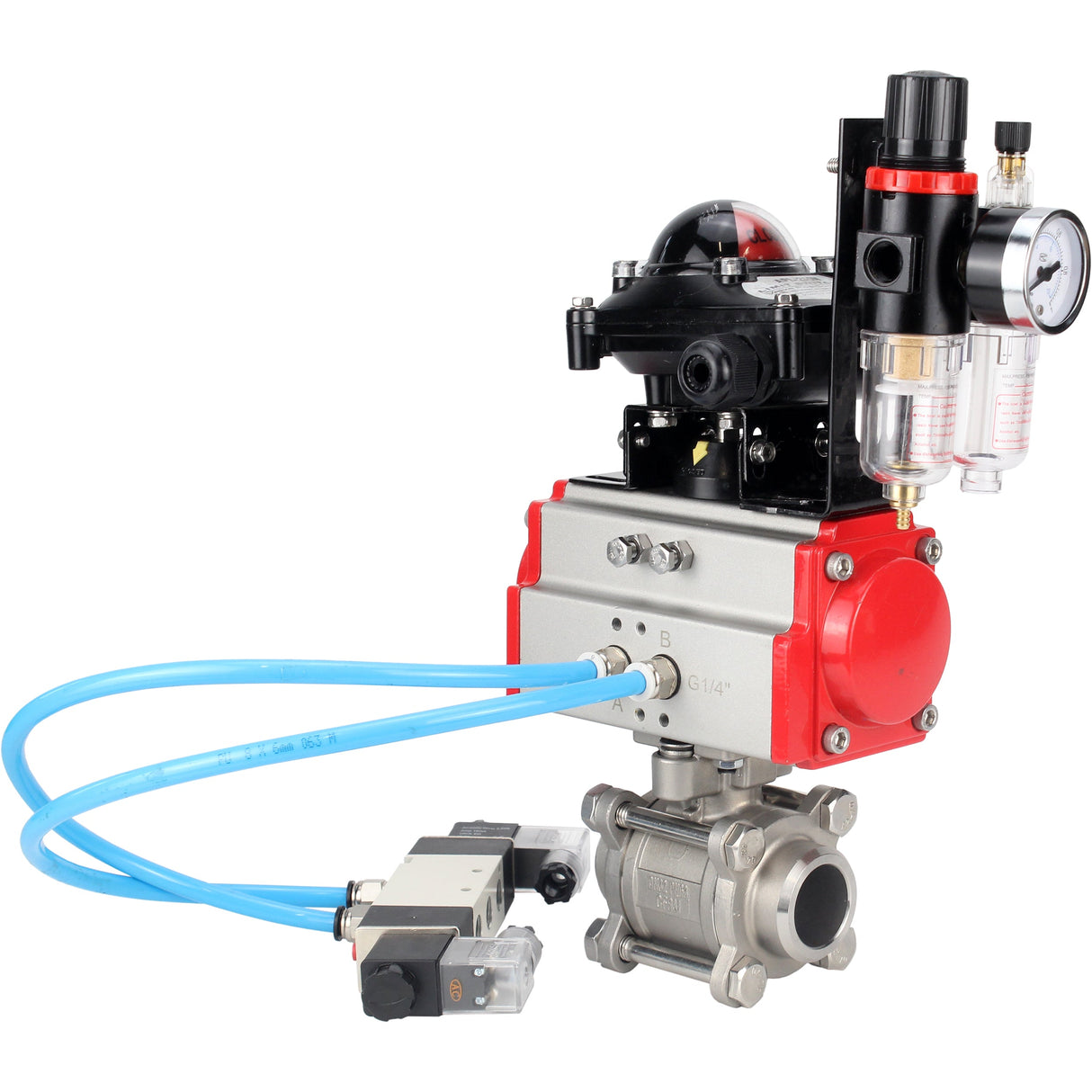 Ball valves Elephant BV3232P(3pc)-FP-W-ISO-H 16 bar/25, full bore for welding, stainless steel SS316, seal - PTFE, with double-acting PA-DA pneumatic actuator, with pneumatic distributor 4V320-10 220V, with LSU APL-210N, with ATU AFC2000